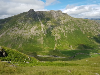 The Langdale Pikes across the valley